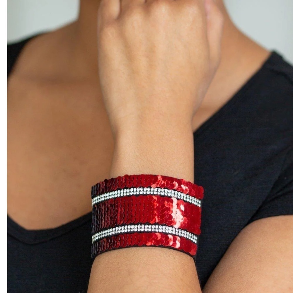 Row After Row 2” Blinding Red Sequins & 2 Rows Rhinestones Adjustable Bracelet